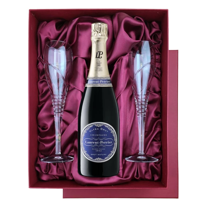 Laurent Perrier Ultra Brut Champagne 75cl in Red Luxury Presentation Set With Flutes